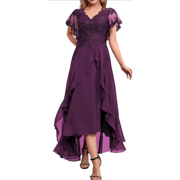 Mother of the Bride Asymmetrical formal Gown Embroidered floral bodice Size 16W - Picture 1 of 16